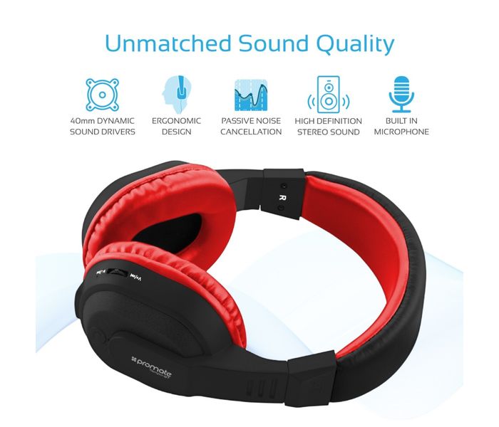 Promate Tempo-Bt 2-In-1 Rechargeable Over-Ear Wireless and Wired Stereo Headset with Microphone, Red - Zoom Image 2