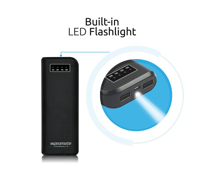 Promate ReliefMate-13 13200 mAh High Capacity Power Bank with Dual USB Port, Black - Zoom Image 3