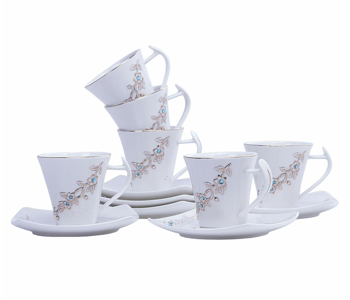 Royalford RF5728 12 Pieces New Bone China Square Cup & Saucer - White - Zoom Image 1