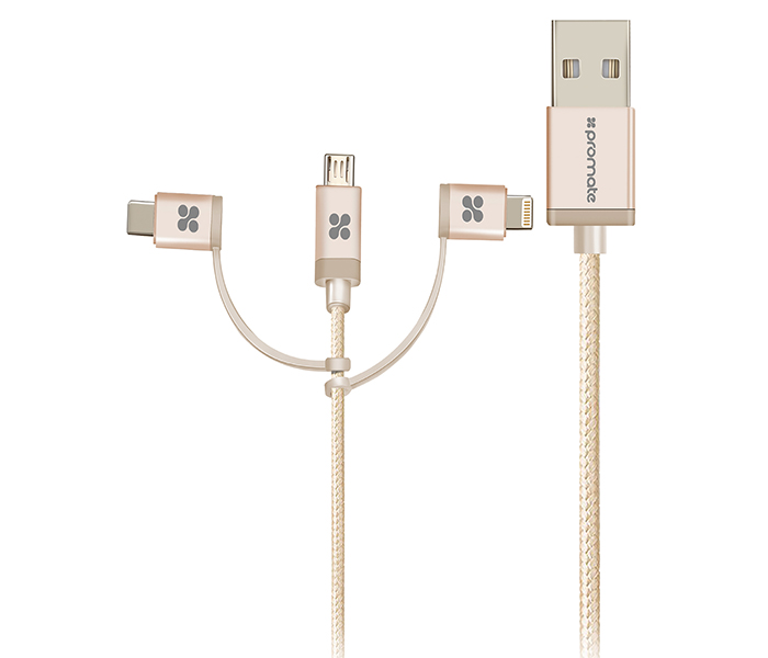 Promate UniLink-Trio 3 in 1 Triple Head Data and Charge Cable with Lightning, Type-C, and Micro-USB Connectors - Gold - Zoom Image 7