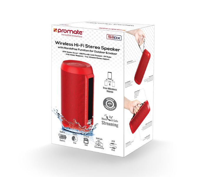 Promate Silox Wireless Hi-Fi Stereo Speaker with Handsfree Function for Outdoor & Indoor - Red - Zoom Image 2