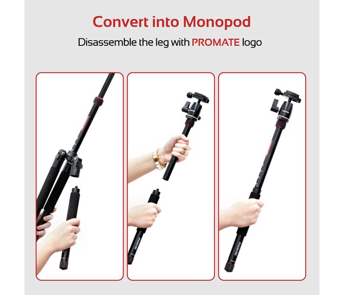 Promate Precise-155 Lightweight 5-Section Adjustable Aluminum Tripod Monopod with Dual Bubble Level, Black - Zoom Image 7