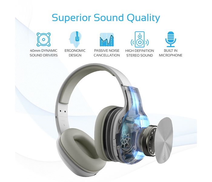 Promate Symphony Hi-Fi On-Ear Wireless Headset with Passive Noise Cancellation, White - Zoom Image 2