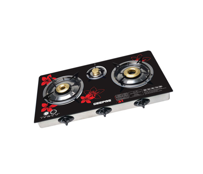 Geepas GK6759 3 Burner Stainless Steel Frame Gas Stove with Hard Glass Top - Red and Black - Zoom Image 1