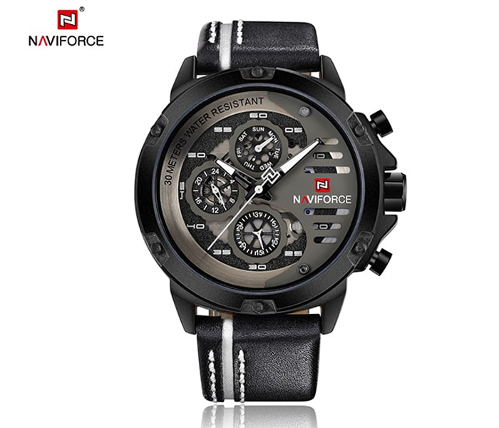 Naviforce 9110 Men Luxury Chronograph Leather Starp Watch - Black - Zoom Image 4