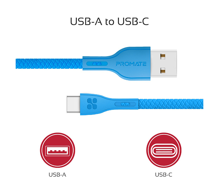 Promate Powerbeam-C USB to USB Type C Fast Charging Cable with Over-Current Protection - 1.2 Metre, Blue - Zoom Image 2