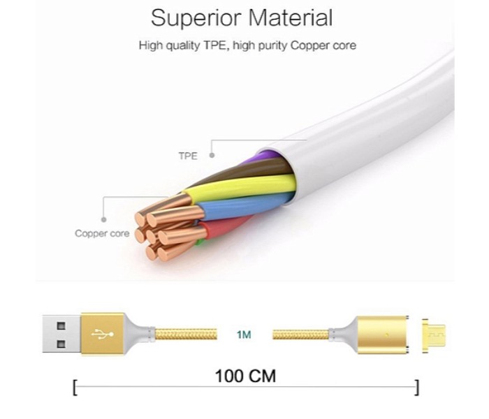  MQ Multi-Color 2 In 1 Nylon-Braided 2A Fast Charging Metal Magnetic Cable For Micro USB Android and Lightning iOS Devices MC-2AFC Gold - Zoom Image 1