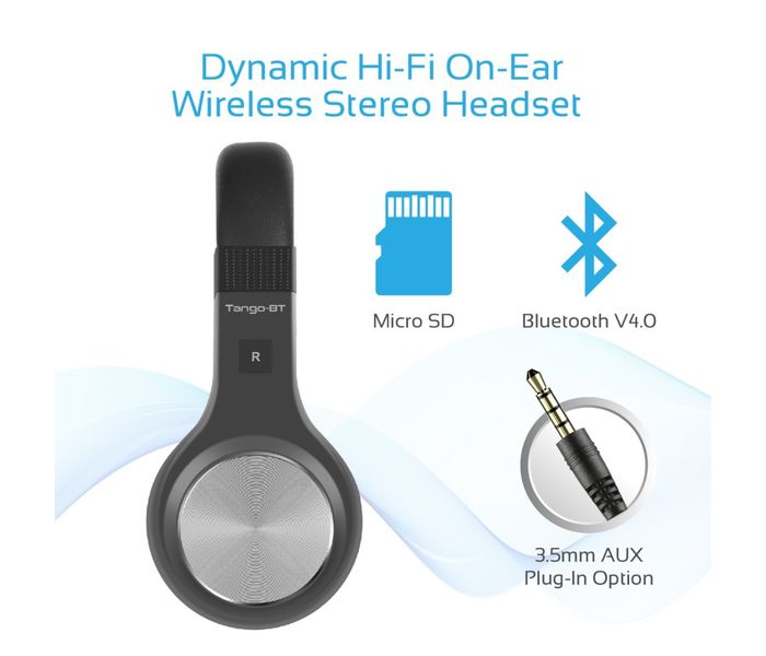 Promate Tango-Bt Foldable On-Ear Wireless Stereo Headset with Built-In Music Controls, Black - Zoom Image 1