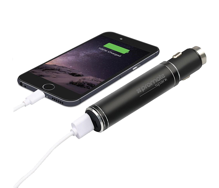 Promate SPARK 3-in-1 Aluminium Car Charger with 2800mah Built-In Backup Battery - Black - Zoom Image 2