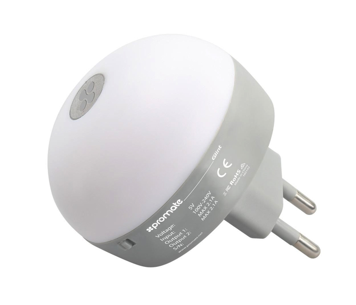 Promate Glint.UK 2.1A Dual Port USB Mains Wall Charger with LED Night Light, White - Zoom Image 6