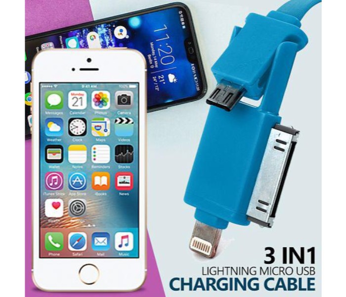 3 in 1 Flat Lightning and Micro USB Cable for Both iOS and Android Devices ZE844 Blue - Zoom Image