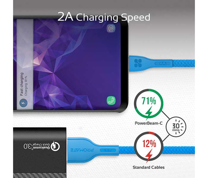 Promate Powerbeam-C USB to USB Type C Fast Charging Cable with Over-Current Protection - 1.2 Metre, Blue - Zoom Image 6