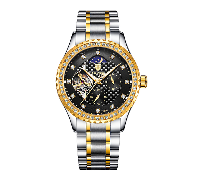 Tevise T807C Skeleton Men's Automatic Sun Moon Phase Watch - Gold & Black - Zoom Image