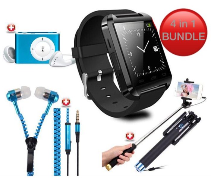 4 in 1 Gift Set of Bluetooth Mobile Smart Watch, Zipper Stereo Wired Earphones with Mic, Pocket Mini Selfie Stick, MP3 Shuffle Player BDMW41 Assorted - Zoom Image 5