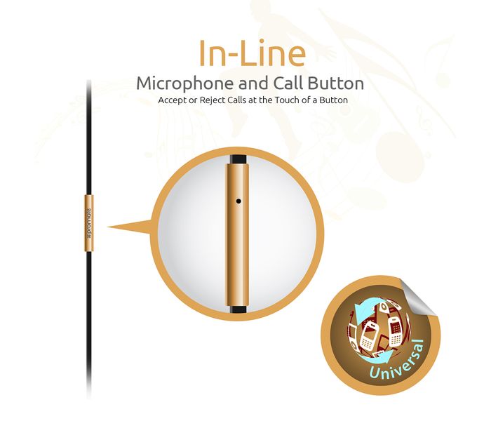 Promate Chrome Metallic Multifunction Stereo Headphones with Microphones, Gold - Zoom Image 5