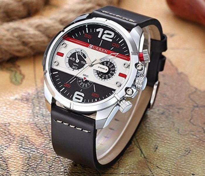 Curren 8259 Sports Waterproof Leather Strap Analog Display Wrist Watch - Silver For Men - Zoom Image 2