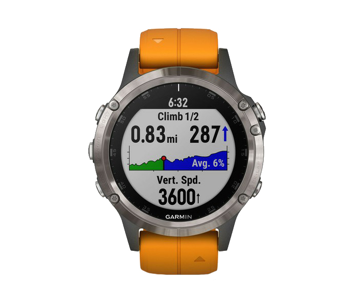 Garmin 010-01988-05 Fenix 5 Plus Smartwatch - Sapphire Titanium with Solar Flare Orange Band - Zoom Image 5