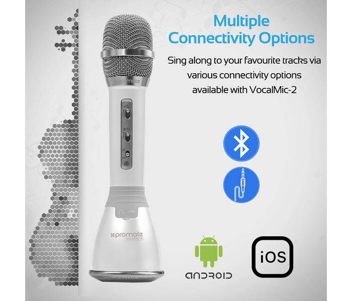 Promate VocaMic-2 Wireless MicroPhone karaoke Machine with Bluetooth Speaker, White - Zoom Image 6