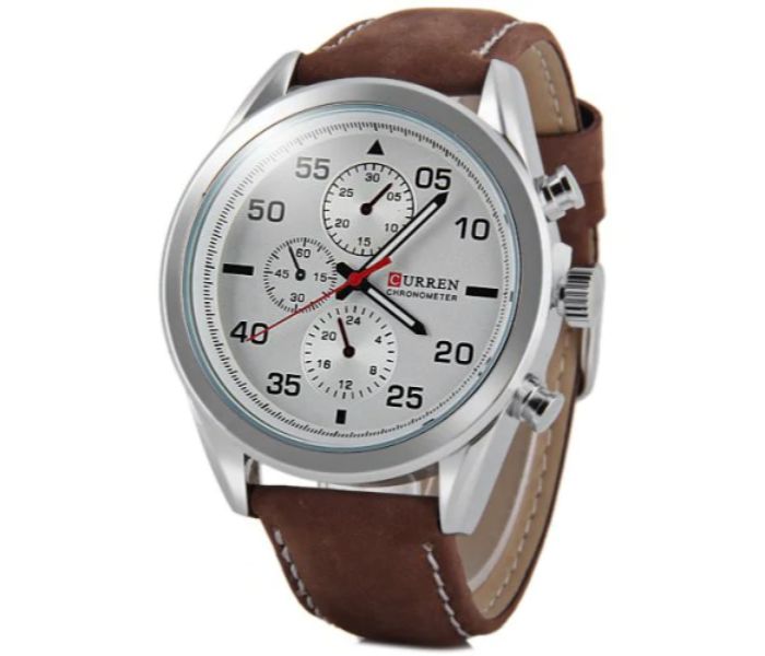 Curren 8156 Leather Strap Quartz Analog Watch For Men Brown And White - Zoom Image