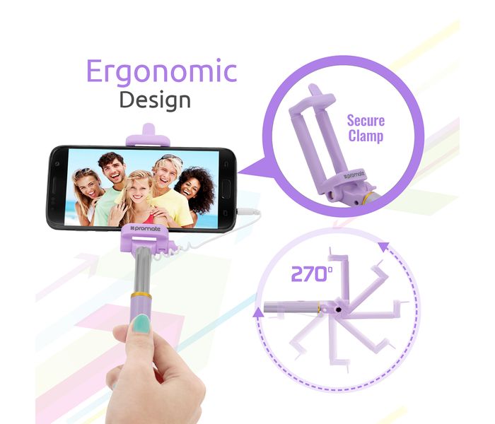 Promate Minipod Perfectly Foldable Extendable Selfie Stick Pole Wire Monopod with Remote Shutter, Purple - Zoom Image 4