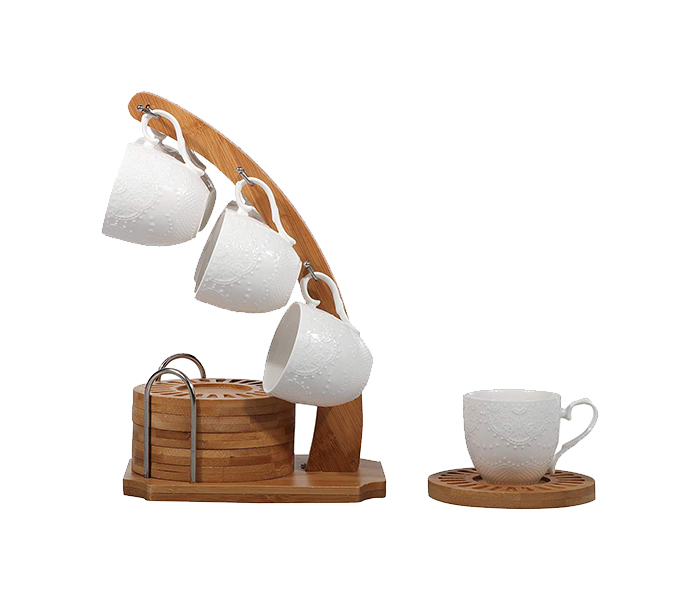 Royalford RF8680 Porcelain Coffee Set with Bamboo Stand -White & Brown - Zoom Image