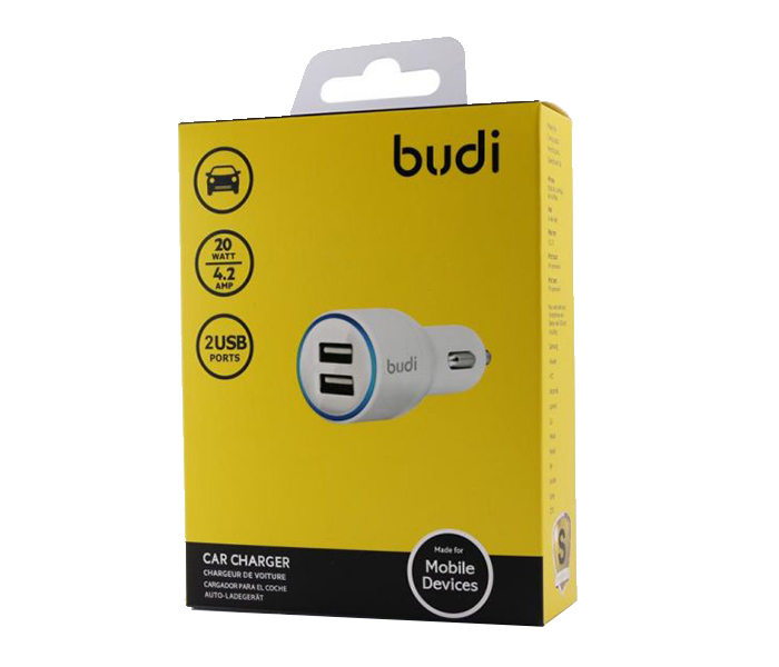 Budi M8J109 20 Watts 2 USB Port Car Charger with Adaptor - White - Zoom Image 3