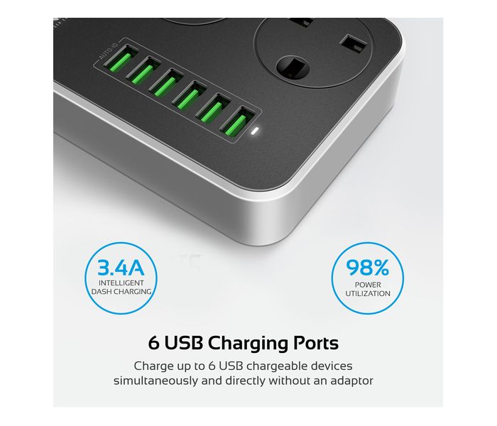 Promate PowerStrip-3.UK 2500W Universal Power Strip with 6 USB Charging Ports and 3 Universal Power Sockets, Black - Zoom Image 1