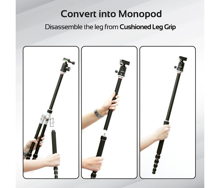 Promate Precise-160 Premium Professional Anodized Aluminum Travel Tripod with Integrated Monopod, Black - Zoom Image 5