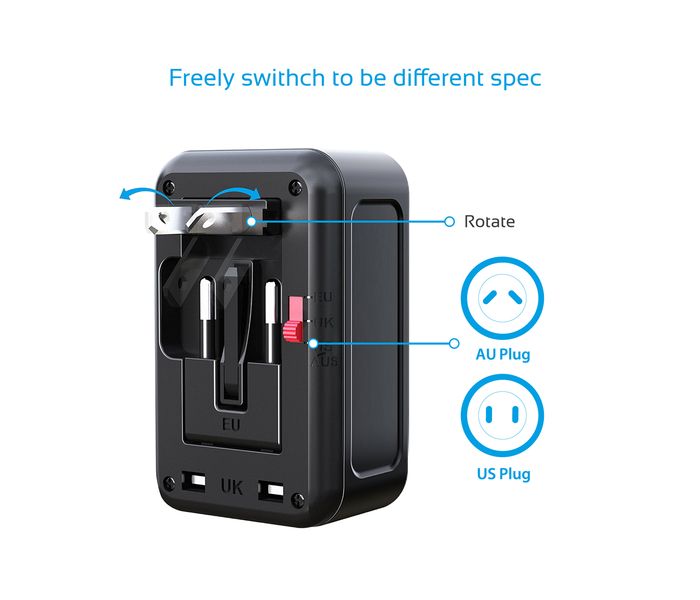 Promate UniPlug-QC3 Universal All in One Worldwide Travel Adapter with Multi Regional Socket, Black - Zoom Image 3