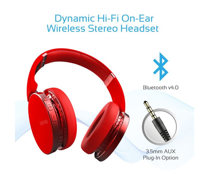 Promate Waves Dynamic Over-Ear Wireless Stereo Headset with Built-In Music Controls, Red - Zoom Image 1