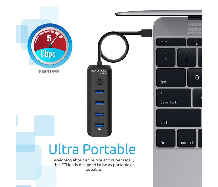 Promate Ezhub Ultra-Fast Portable USB 3.0 Hub with 4 Charge and Sync Ports, Black - Zoom Image 2