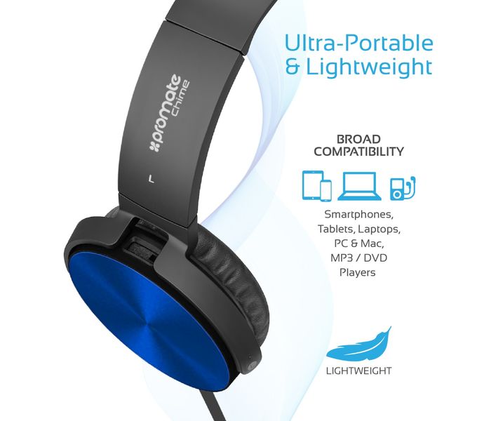 Promate Chime Rotatable Over-The-Ear Wired Stereo Headset with Built-In Mic, Blue - Zoom Image 3