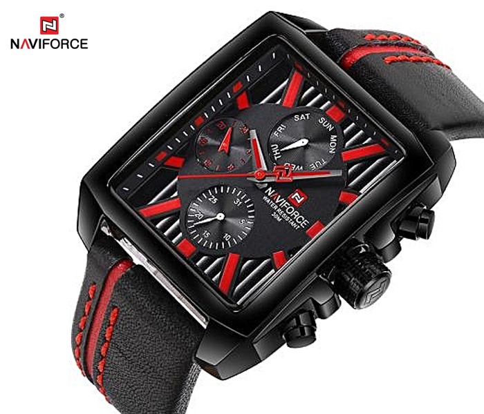 Naviforce 9111 Men Luxury Chronograph Leather Starp Watch - RED - Zoom Image 2