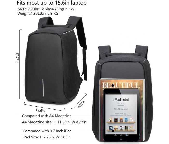  Laptop Backpack with USB Charging Port LB033 Black - Zoom Image 3