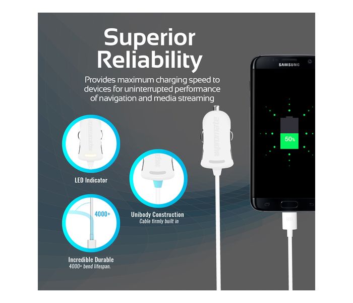 Promate ProCharge-M1 Universal Car Charger with Built in Micro USB Cable, White - Zoom Image 3