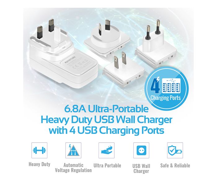 Promate PowerHub-4 6.8A High Speed USB Wall Fast Charger with 4 USB Ports, White - Zoom Image 1