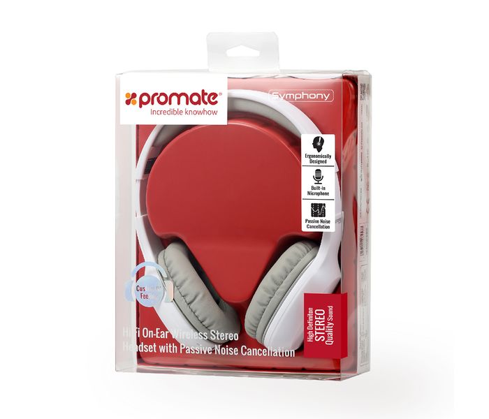 Promate Symphony Hi-Fi On-Ear Wireless Headset with Passive Noise Cancellation, White - Zoom Image 6