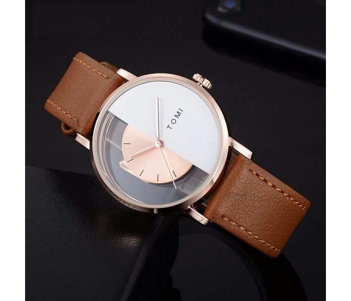 Tomi TM-0805 Maglo Faxes Genuine Quality Leather Band Wrist Watch for Unisex Brown - Zoom Image