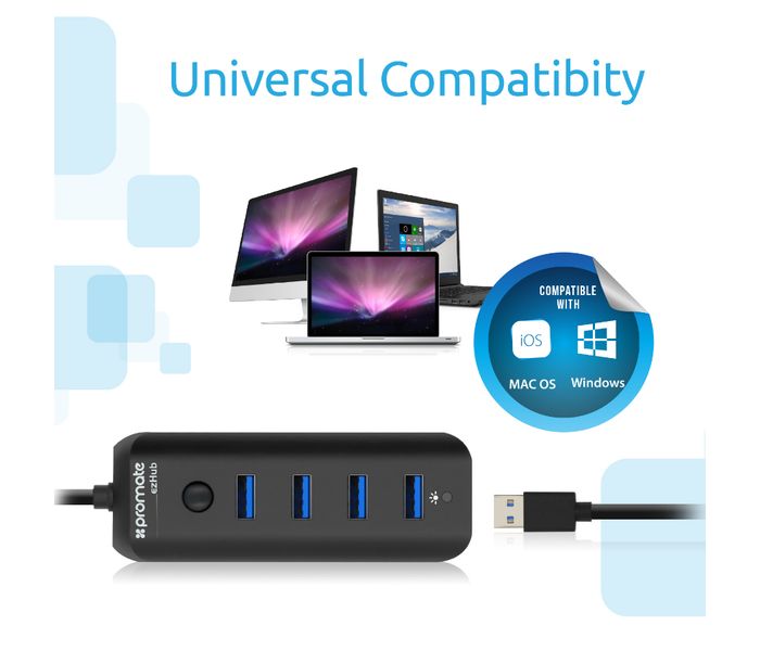 Promate Ezhub Ultra-Fast Portable USB 3.0 Hub with 4 Charge and Sync Ports, Black - Zoom Image 4