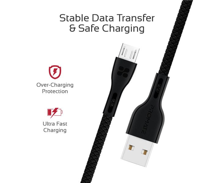 Promate Powerbeam-M Premium 2A Android Fast Charging Micro-USB Cable with Over-Charging Protection - 1.2 Metre, Black - Zoom Image 4