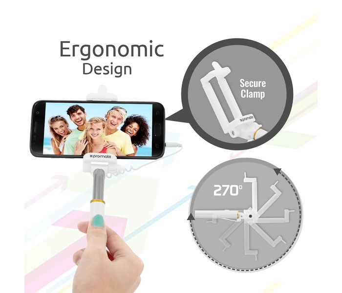 Promate Minipod Perfectly Foldable Extendable Selfie Stick Pole Wire Monopod with Remote Shutter, White - Zoom Image 4