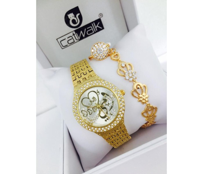 Catwalk CW-1800P Genuine Quality Fashionable Cz Womens Watch with Beauty Bracelet and Ring Gold - Zoom Image