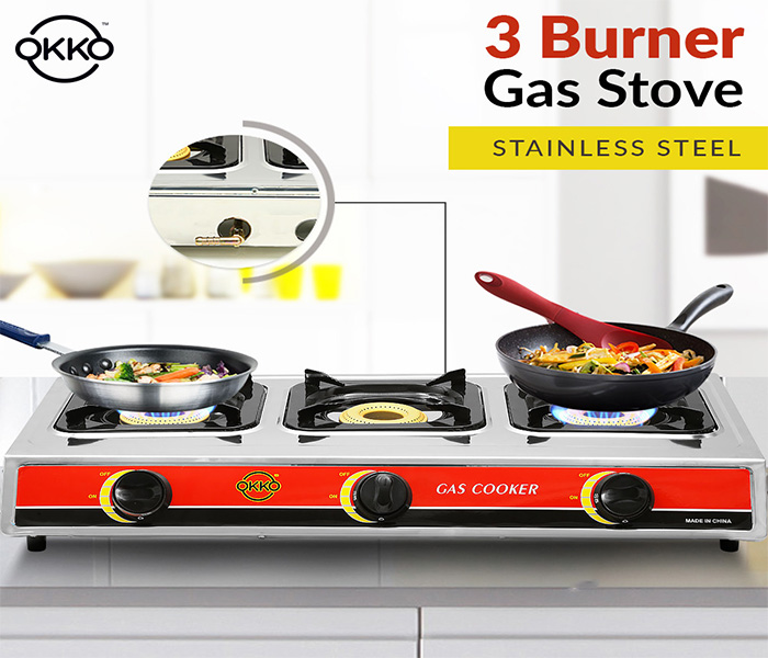 Okko 3 Burner Gas Stove With Auto Ignition - Red & Silver - Zoom Image 1