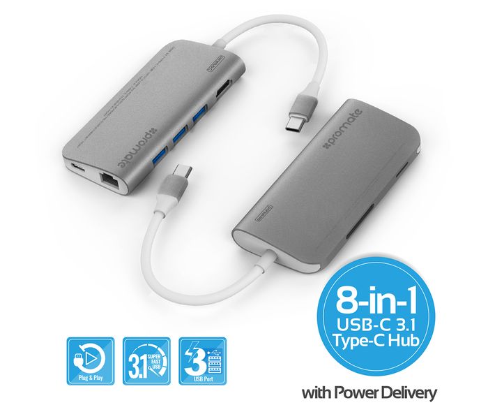 Promate Corehub-C USB 3.1 Type-C Hub CorHub-C, Grey - Zoom Image 1