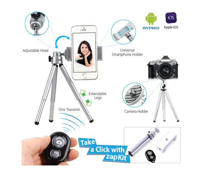 Promate Zapkit Universal Wireless Selfie Kit with Bluetooth Remote Control & Premium Tripod, Black - Zoom Image 6