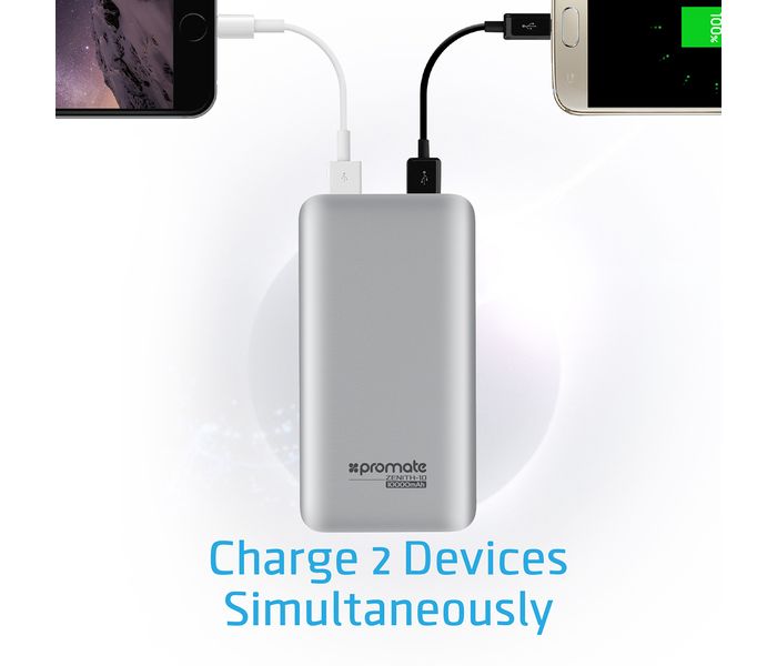 Promate Zenith-10 10000 mAh High Capacity Portable Power Bank with 3.0A Dual USB Output, Silver - Zoom Image 4