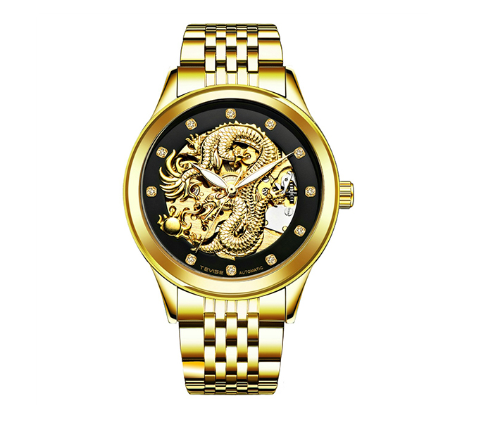 Tevise 9006-Dragon Hollow Dragon Mechanical Watch - Whole Gold & Black - Zoom Image