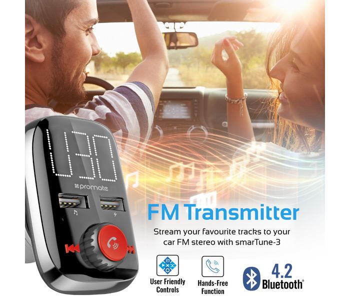 Promate Smartune-3 Wireless In-Car Bluetooth V4.2 FM Transmitter Car Kit with Smart LED Display - Zoom Image 1