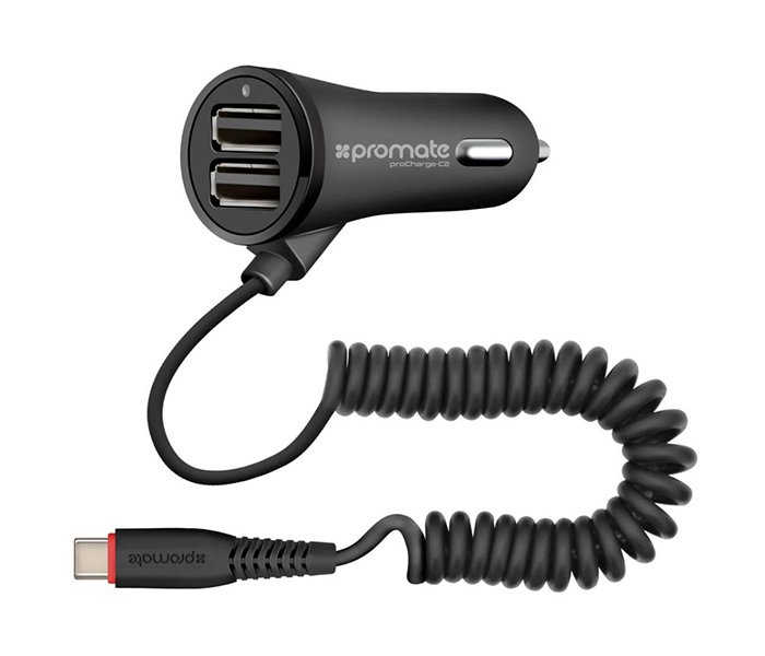 Promate ProCharge-C2 Ultra Fast 3.4A Dual USB Car Charger with Built in USB Type C, Black - Zoom Image 7