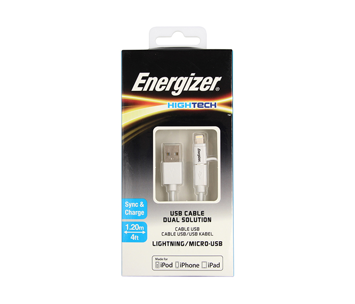 Energizer C11UBDUGWH4 Hightech Dual Solution Lightninig Micro USB Cable - White - Zoom Image 1